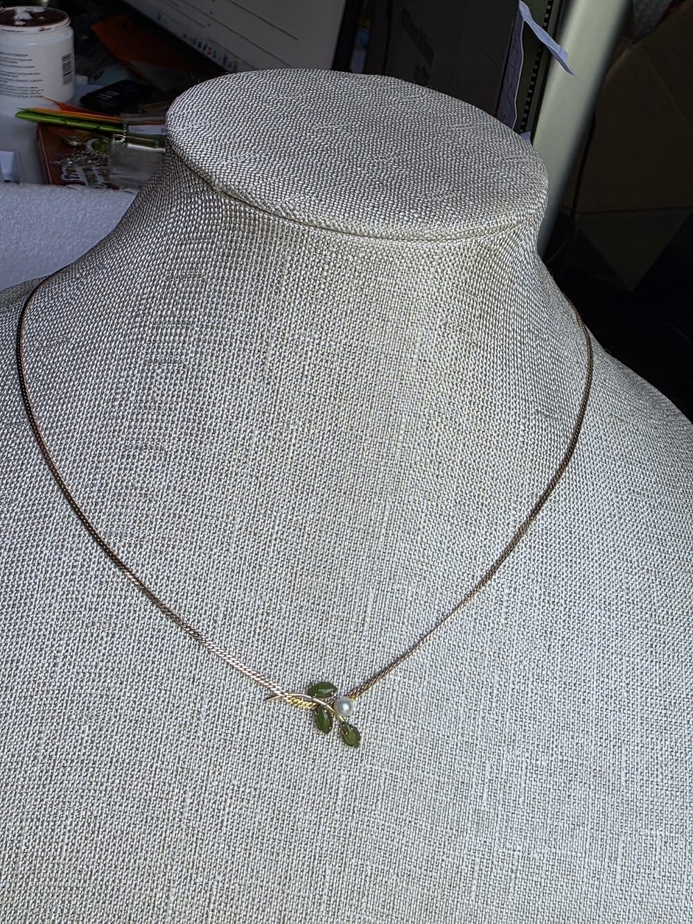 Vintage Carl-Art 14K Gold Filled Integrated Green Jade Marquise & Pearl Leaf Spr - Picture 2 of 11